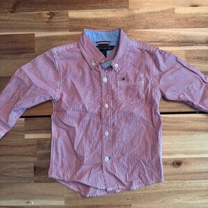 Tommy Hilfiger Boys Dress Shirt Red White Stripes Size 24M